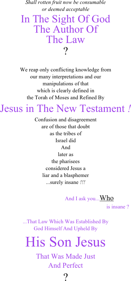 Shall rotten fruit now be consumable or deemed acceptable In The Sight Of God The Author Of The Law ?  We reap only conflicting knowledge from our many interpretations and our manipulations of that which is clearly defined in the Torah of Moses and Refined By  Jesus in The New Testament ! Confusion and disagreement are of those that doubt as the tribes of Israel did And later as the pharisees considered Jesus a liar and a blasphemer ...surely insane !!!                                     And I ask you...Who                                                                              is insane ? ...That Law Which Was Established By God Himself And Upheld By His Son Jesus That Was Made Just And Perfect ? 