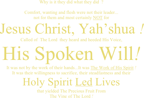 Why is it they did what they did  ?  Comfort, wanting and flesh were not their leader... not for them and most certainly NOT for    Jesus Christ, Yah’shua ! Called of  The Lord  they heard and heeded His Voice, His Spoken Will! It was not by the work of their hands...It was The Work of His Spirit ! It was their willingness to sacrifice, their steadfastness and their Holy Spirit Led Lives that yielded The Precious Fruit From The Vine of The Lord !